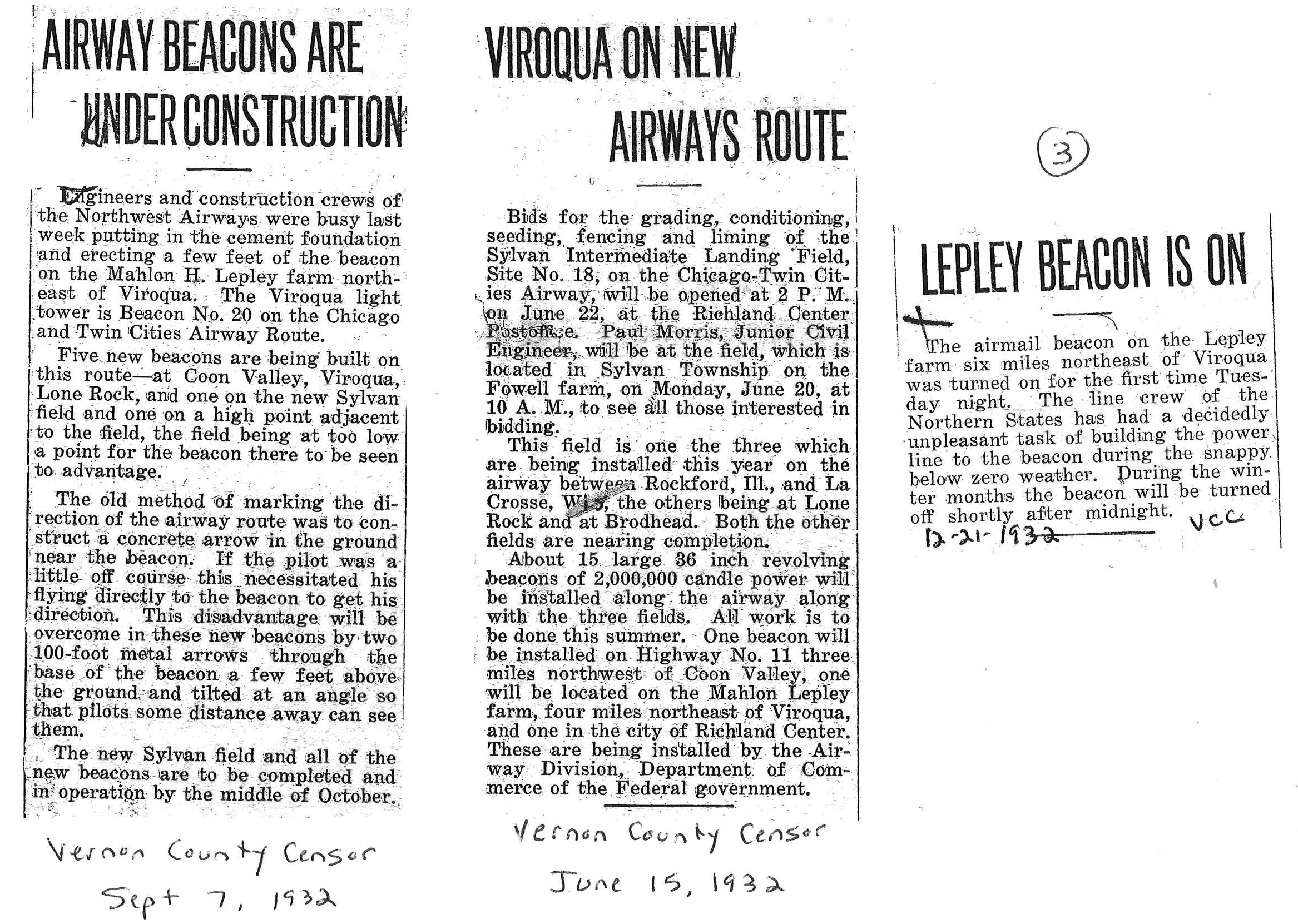 three clippings from the Vernon County Censor, 1932, discussing new airmail beacons